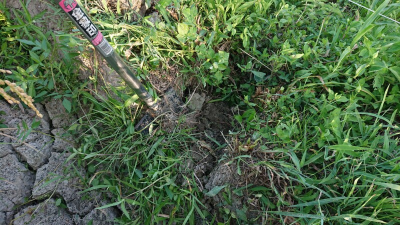 みのて（排水口）切り 今まで雨降らずのカラカラで、みのてを切っていなかったので、このタイミングでみのてを切って回っています。 
暗渠排水の栓も開けずにいたので、すべての田んぼの暗渠栓を開けました。 少しでも早く水を抜きたい、台風対策です。