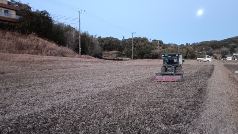 冬耕　ウルフムーンに向かい田んぼを耕す